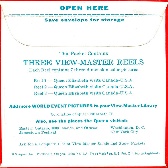 Queen Elizabeth - Visits Canada U.S.A - B925 - Vintage Classic View-Master 3 Reel Packet - 1950s Views