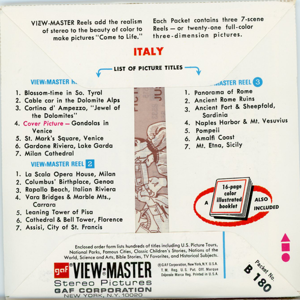 Italy - B180 - Vintage Classic View-Master - 3 Reel Packet - 1970s Views