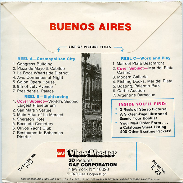 ViewMaster - Buenos Aires - Argentina - k23 - Vintage - 3 Reel Packet - 1970s views