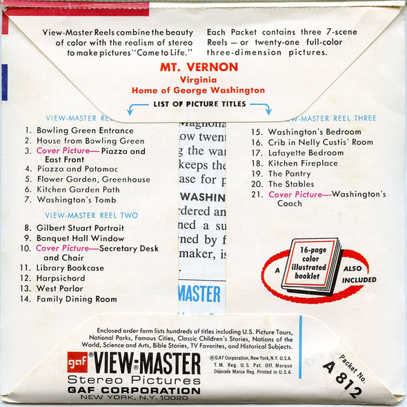 ViewMaster - Mount Vernon - A812 - Vintage - 3 Reel Packet - 1970s Views