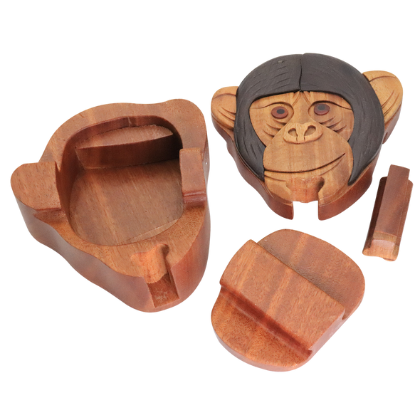 Monkey Face Natural Exotic Wooden Puzzle Box, 4" x 4.25" x 2" Sliding Wooden Key Lock, Sliding Cover