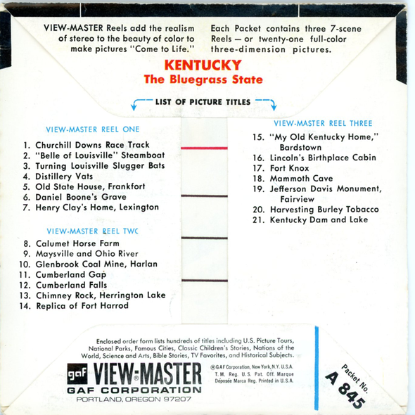 ViewMaster - Kentucky - Map-Series -A845 - Vintage  - 3 Reel Packet - 1960s Views