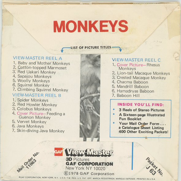 Monkeys - View-Master 3 Reel Packet 1970s view - vintage (J63-G6)