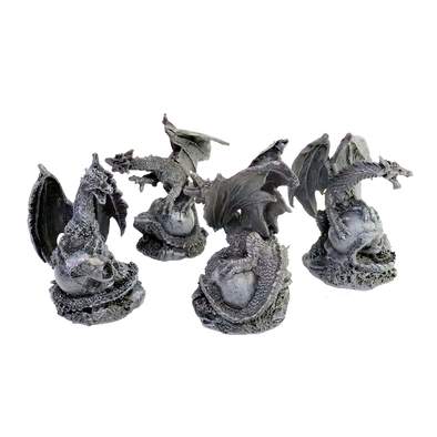 Mythical 4 Charcoal Grey Dragons Hover Over Skulls - Approximately 3-1/2" Tall - Fantastic Detail