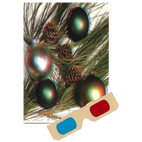 Ornaments & Greenery Christmas - Phantogram Greeting Card - with 3D Glasses - Image Pops Up from the Card - Unique 3D - NEW