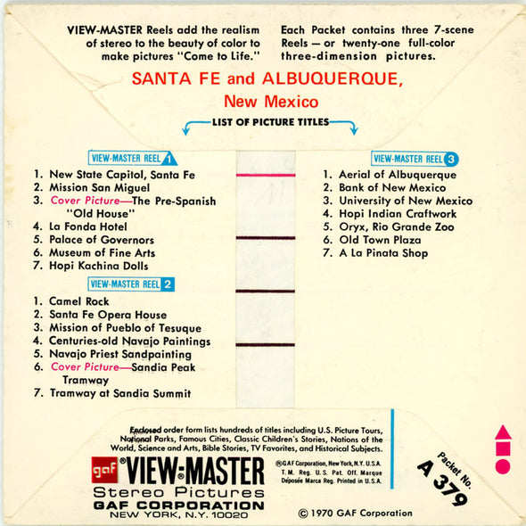ViewMaster - Santa Fe and Albuquerque - A379 - Vintage - 3 Reel Packet - 1970s views