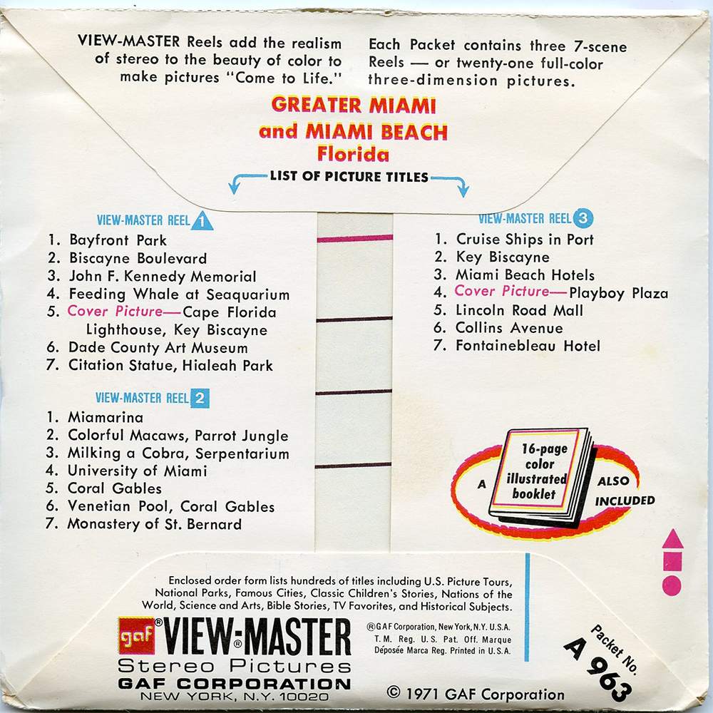 ViewMaster - Greater Miami - Florida - A963 - Vintage - 3 Reel
