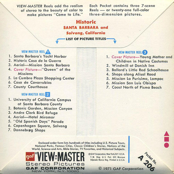 ViewMaster - Santa Barbara - Solvang -A206 - Vintage  3 Reel Packet - 1970s views