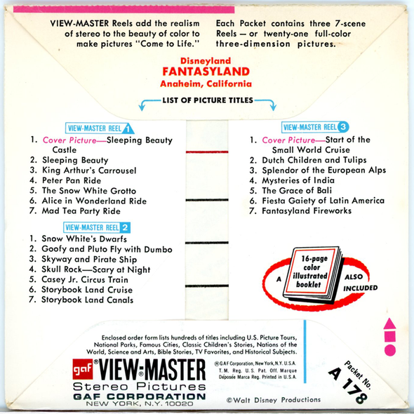 ViewMaster - Fantasyland - Walt Disney - Vintage Classic - 3 Reel Packet - 1970s Views - A178