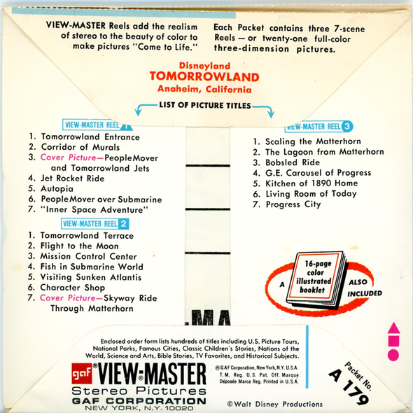 ViewMaster - Tomorrowland - Disney  - Vintage - 3 Reel Packet - 1970s Views - A179