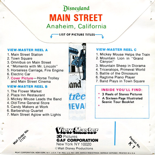 ViewMaster -Main Street - Disneyland - Vintage - 3 Reel Packet -1970's views - K1