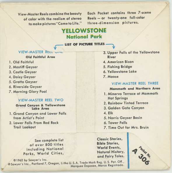Yellowstone - National Park - View-Master 3 Reel Packet - 1960's view - Vintage - (A306-S5)