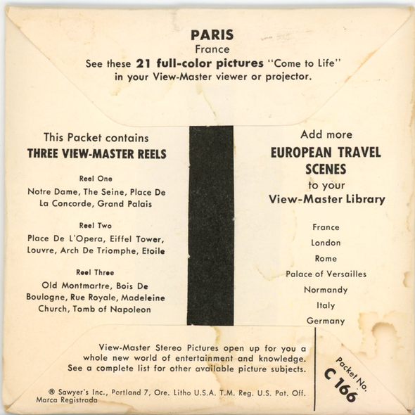 ViewMaster - Paris - Vintage Classic 3 Reel Packet - 1960s Views -C166