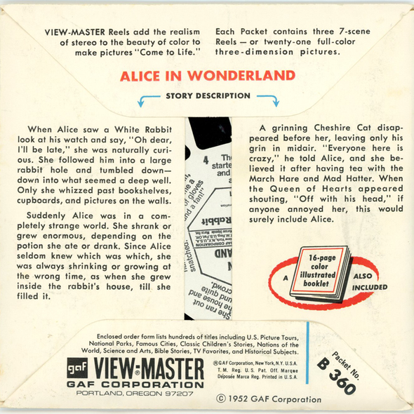 ViewMaster - Alice in Wonderland - B360 - Vintage - 3 Reel Packet - 1960s views