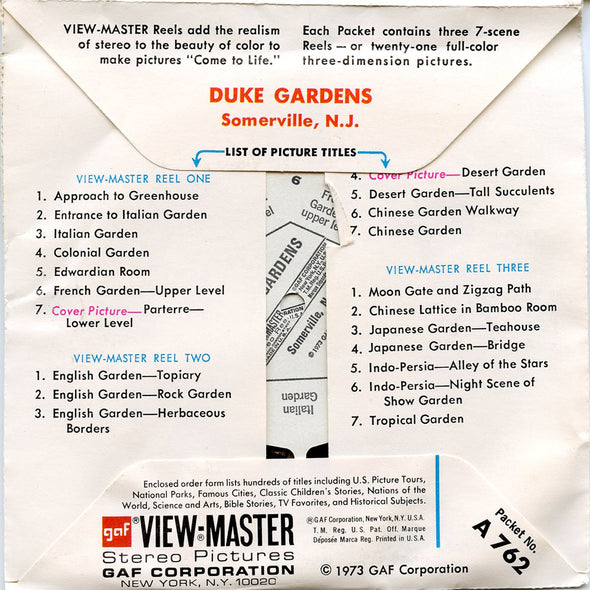 Duke Gardens - A762 - Vintage Classic View-Master - 3 Reel Packet - 1970s Views