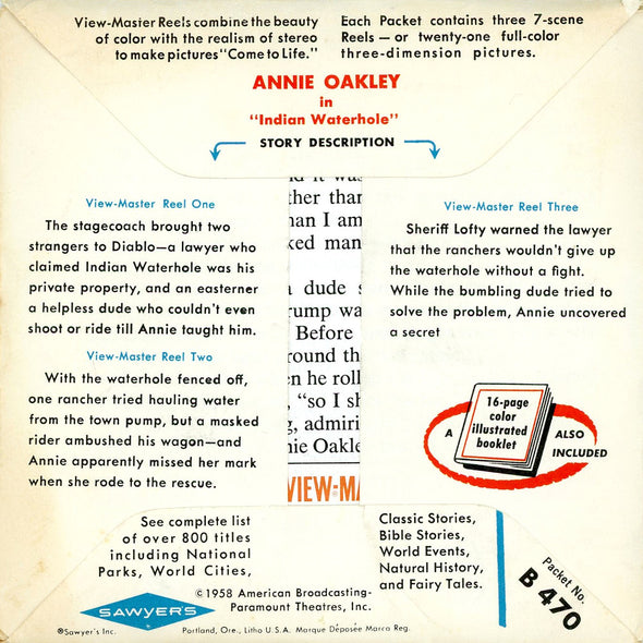 ViewMaster Annie Oakley - Indian Waterhole - B470 - Vintage Classic - 3 Reel Packet - 1960s
