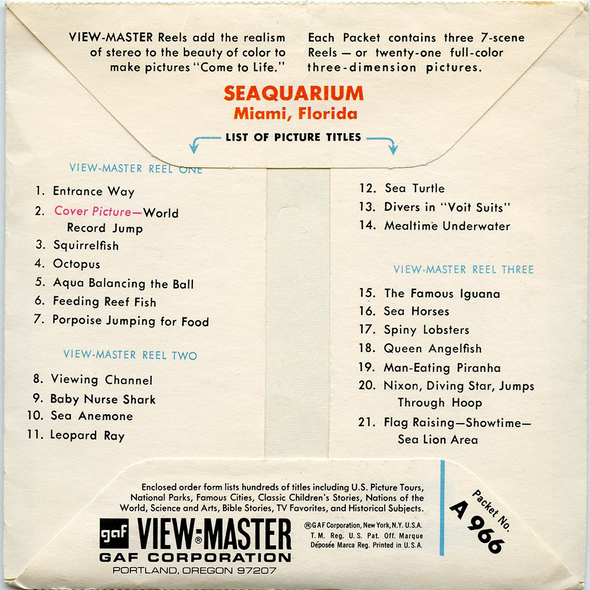 ViewMaster - Seaquarium No. 1 - Miami, Florida - A966  - Vintage - 3 Reel Packet - 1960s views
