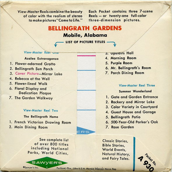 ViewMaster Bellingrath Gardens - Mobile, Alabama - A930 - Vintage  - 3 Reel Packet - 1960s views
