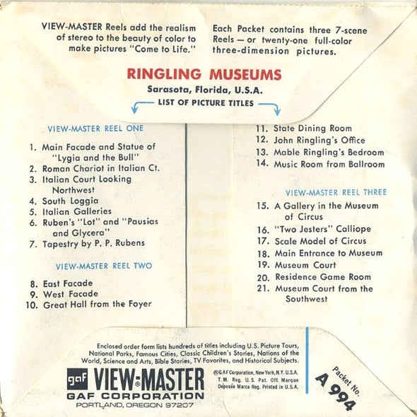 Ringling Museums - Sarasota - A994 - Vintage Classic View-Master 3 Reel Packet - 1960s views