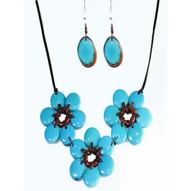 Turquoise & Brown Organic TAGUA Necklace and Earrings Set - Mid-Century Modern - Daisy Three - Artisan Elegant