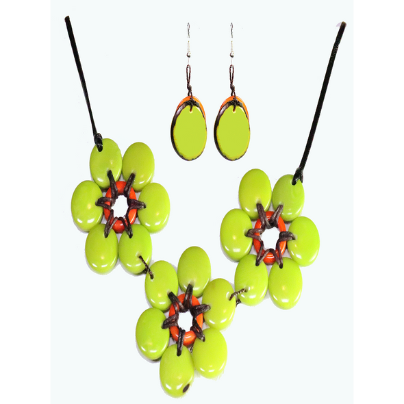 Lime & Orange Organic TAGUA Necklace and Earrings Set - Mid-Century Modern - Daisy Three - Artisan Elegant