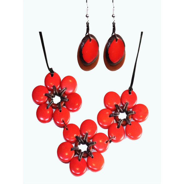 Red & Brown Organic TAGUA Necklace and Earrings Set - Mid-Century Modern - Daisy Three - Artisan Elegant