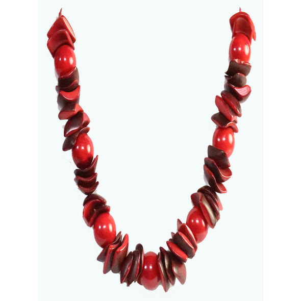 Red Organic TAGUA Necklace, Flat & Sphere, Mid-Century Modern - Las Escamas - Artisan Elegant