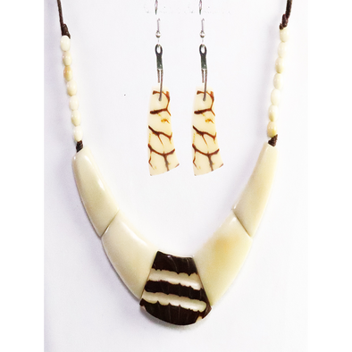 Bone, brown Organic TAGUA Necklace and Earrings Set - Single Strand, Mid-Century Modern - Le Collier - Artisan Elegant
