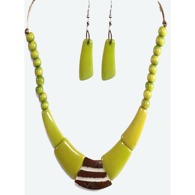Lime Green Organic TAGUA Necklace and Earrings Set - Single Strand, Mid-Century Modern - Le Collier - Artisan Elegant