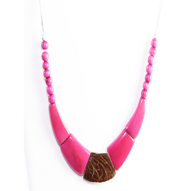 Magenta, Brown Organic TAGUA Bib Necklace, Single Strand- Mid-Century Modern - Le Collier - Artisan Elegant