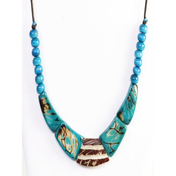 Turquoise with Brown Organic TAGUA Bib Necklace, Single Strand- Mid-Century Modern - Le Collier - Artisan Elegant