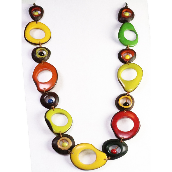 Multi-Color Organic TAGUA Bib Necklace - Beads Chained, Mid-Century Modern - Marina Petite - Artisan Elegant