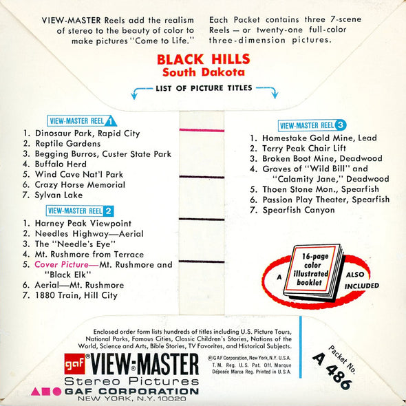 ViewMaster - Black Hills of South Dakota - A486 - Vintage - 3 Reel Packet - 1960s views