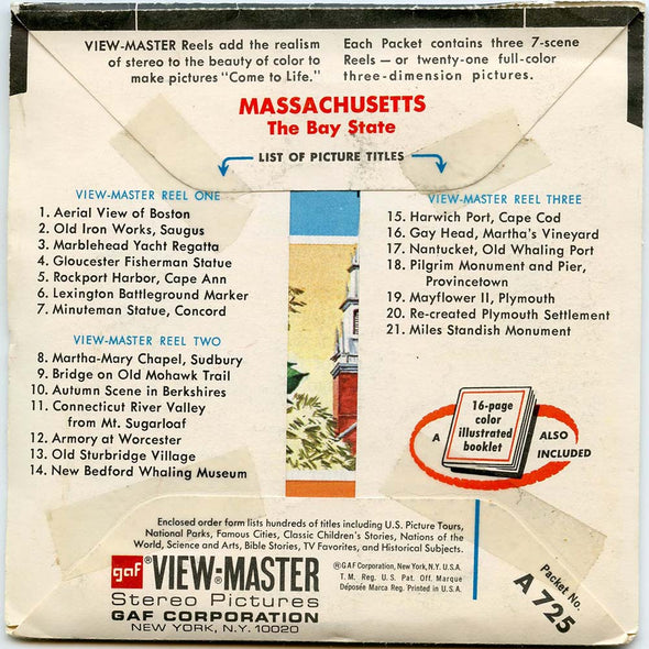 ViewMaster - Massachusetts - Map Series - A725 - Vintage - 3 Reel Packet - 1960s Views