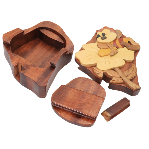 Bee on Flower Natural Exotic Wooden Puzzle Box, 4" x 4.25" x 2" Sliding Wooden Key Lock, Sliding Cover