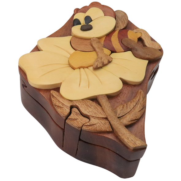 Bee on Flower Natural Exotic Wooden Puzzle Box, 4" x 4.25" x 2" Sliding Wooden Key Lock, Sliding Cover