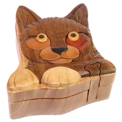 Cat Face Natural Exotic Wooden Puzzle Box, 4.5" x 4.5" x 2" Sliding Wooden Key Lock, Sliding Cover