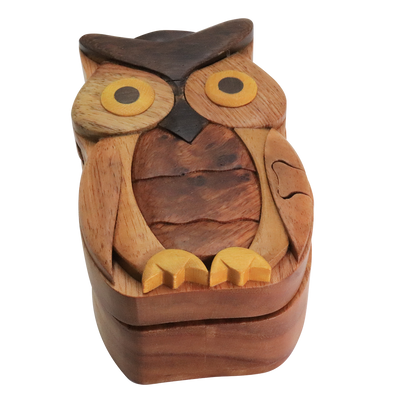 Owl Natural Exotic Wooden Puzzle Box, 5" x 3" x 2" Sliding Wooden Key Lock, Sliding Cover