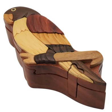 Parrot Natural Exotic Wooden Puzzle Box, 7.5" x 2" x 2" Sliding Wooden Key Lock, Sliding Cover