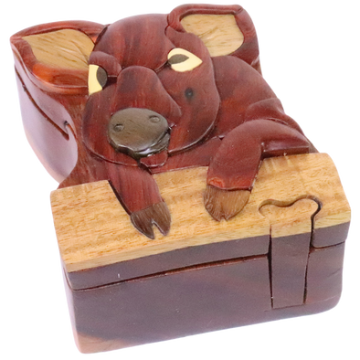Pig Face Natural Exotic Wooden Puzzle Box, 3.5" x 4.5" x 2" Sliding Wooden Key Lock, Sliding Cover