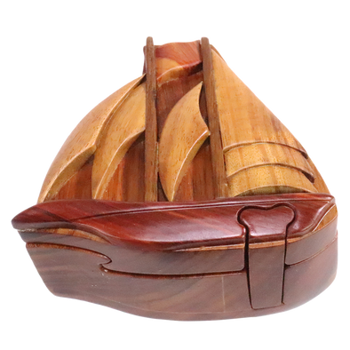 Sailing Ship Natural Exotic Wooden Puzzle Box, 5" x 4" x 2" Sliding Wooden Key Lock, Sliding Cover
