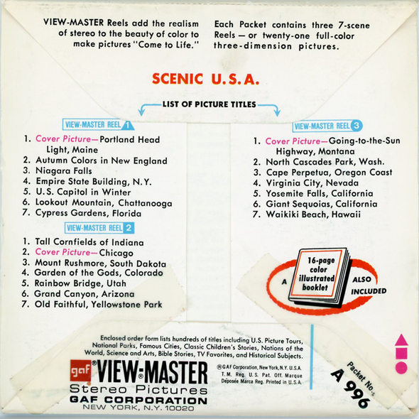 ViewMaster - Scenic U.S.A -A996 - Vintage - 3 Reel Packet - 1970s Views - A996
