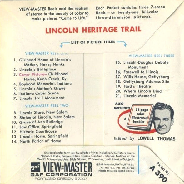Lincoln Heritage Trail - A390 - Vintage Classic View-Master - 3 Reel Packet - 1960s Views