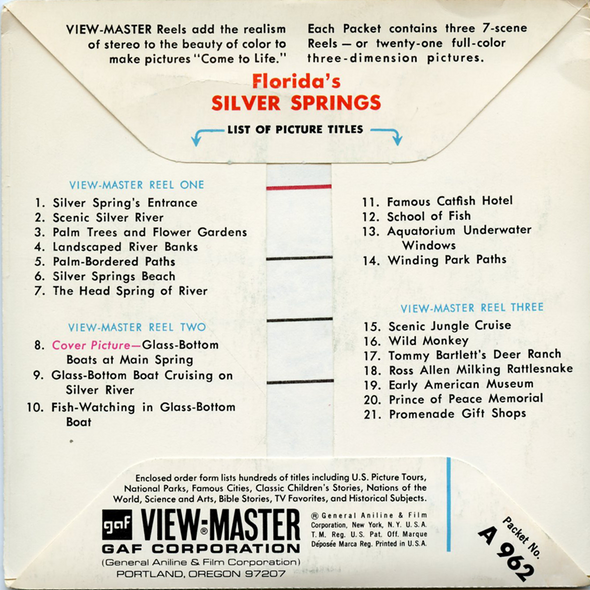 ViewMaster - Florida's Silver Springs - A962 - Vintage - 3 Reel Packet - 1960s views