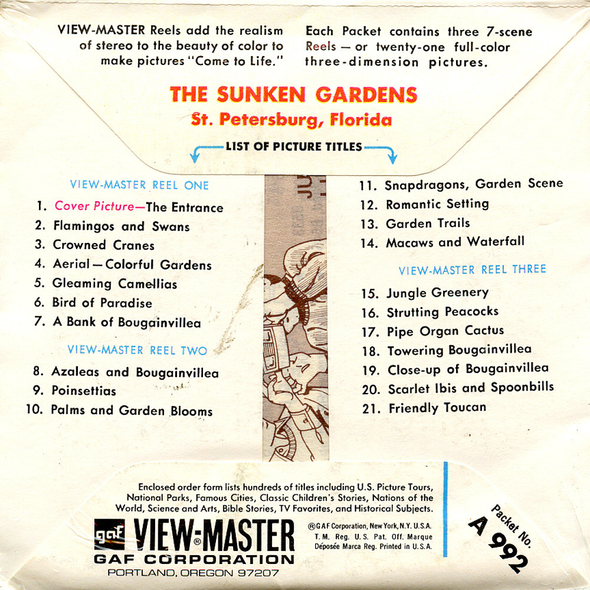 ViewMaster - Sunken Gardens - A992 - Vintage -  3 Reel Packet - 1960s views
