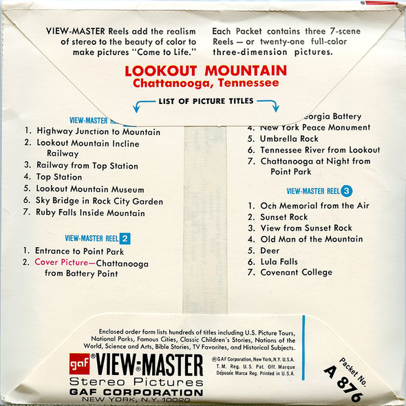 ViewMaster - Lookout Mountain - Tennessee - A876 - Vintage - 3 Reel Packet - 1970s Views