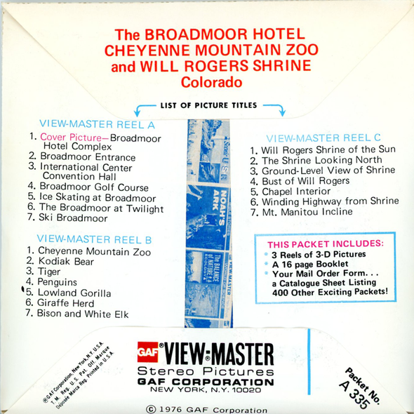 ViewMaster Brodmoor Hotel, Will Rogers Shrine and Cheyenne Mt. Zoo - A335 -Vintage - 3 Reel Packet - 1970s Views