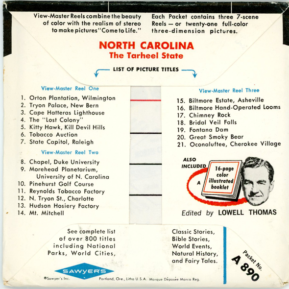 ViewMaster - North Carolina - Map Series - A890 - Vintage - 3 Reel Packet - 1960s views