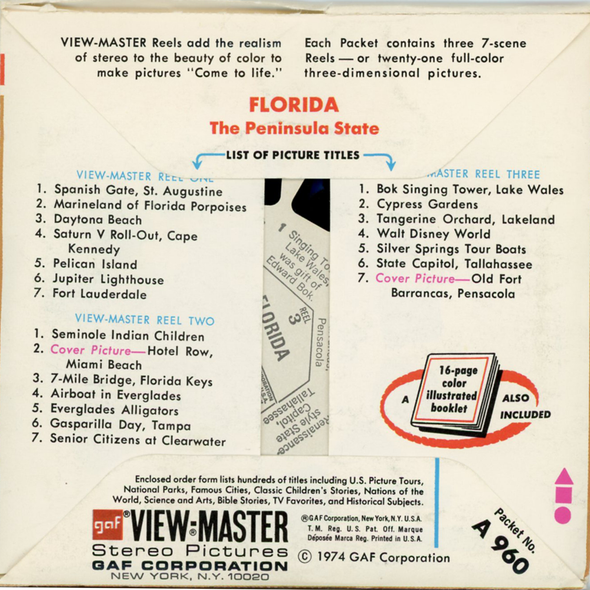 ViewMaster - Florida - Map Series - A960 - Vintage - 3 Reel Packet - 1970s Views