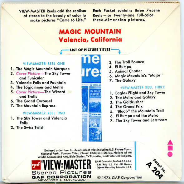 ViewMaster Magic Mountain - A204 - Vintage - 3 Reel Packet 1970s Views